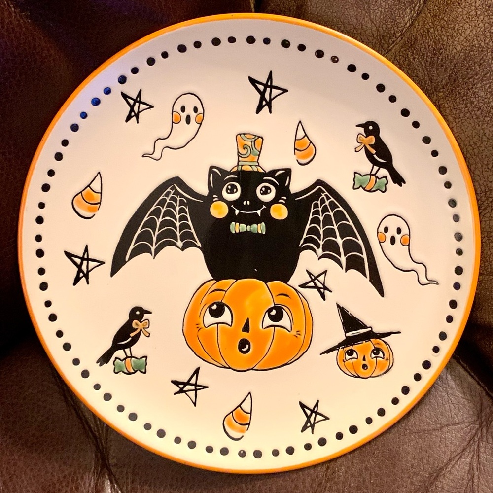Creep Show Bat on Pumpkin Vintage Style Halloween Salad Plate - Ghost Candy Corn